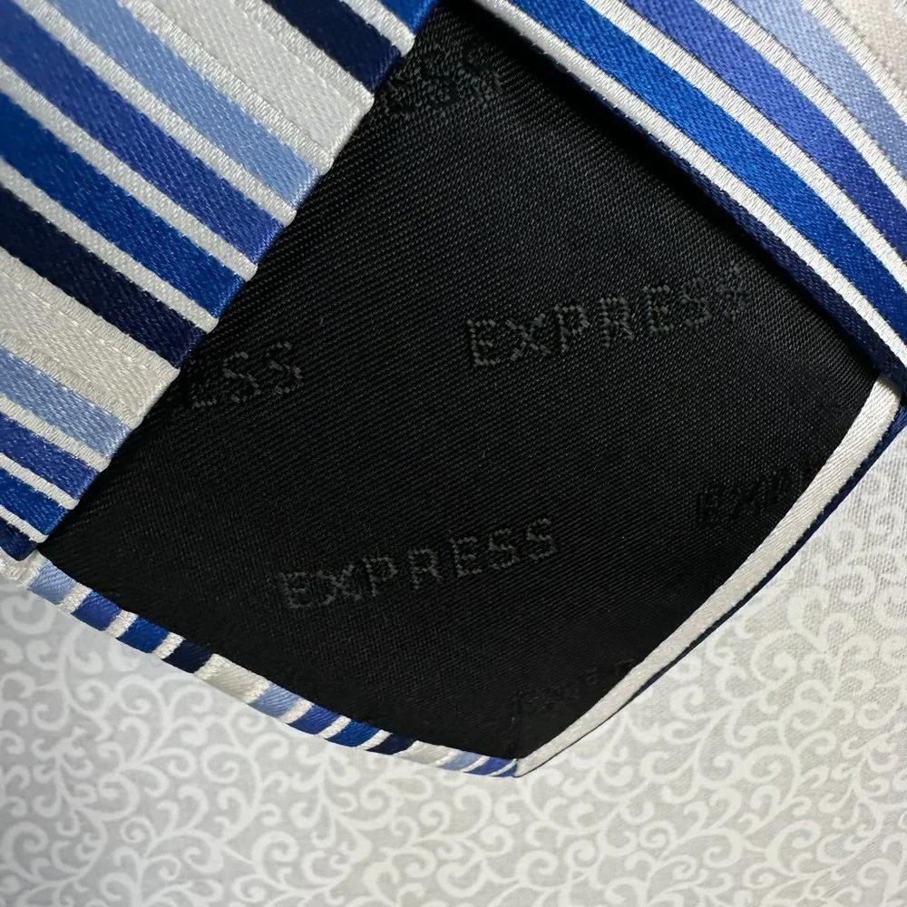 Express 100% Silk Blues/White/Silver Striped Repp‎ Tie, 3 1/4 Inch Wide